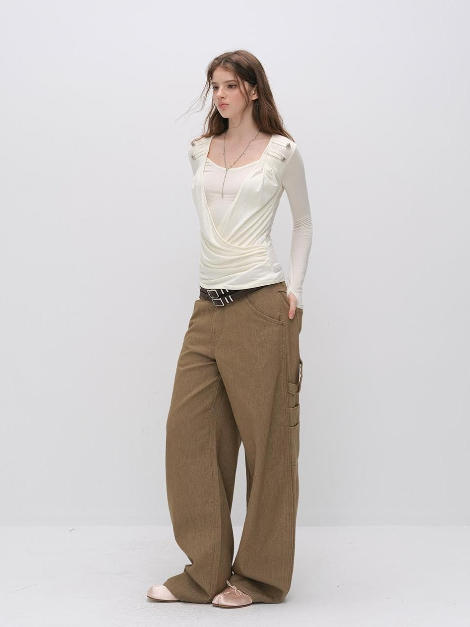 ViaPitti Vintage Deconstructed Utility Pocket Women's Cotton Lyocell Wide-leg Jeans