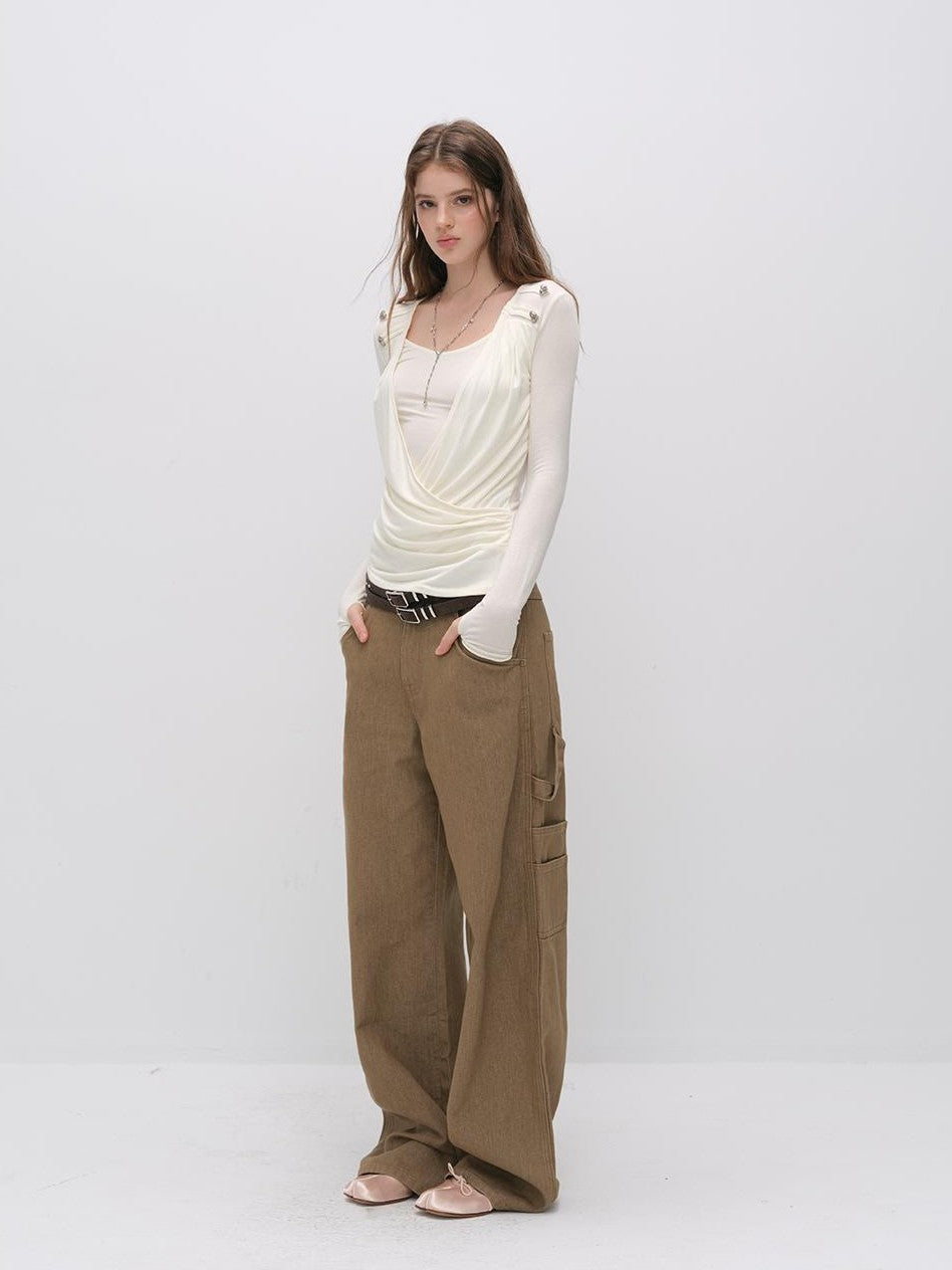 ViaPitti Vintage Deconstructed Utility Pocket Women's Cotton Lyocell Wide-leg Jeans