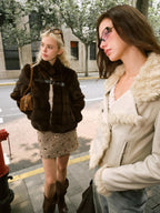 ViaPitti Vintage Vegan Mink Faux Fur Stand Collar Women's Polyester Short Coats