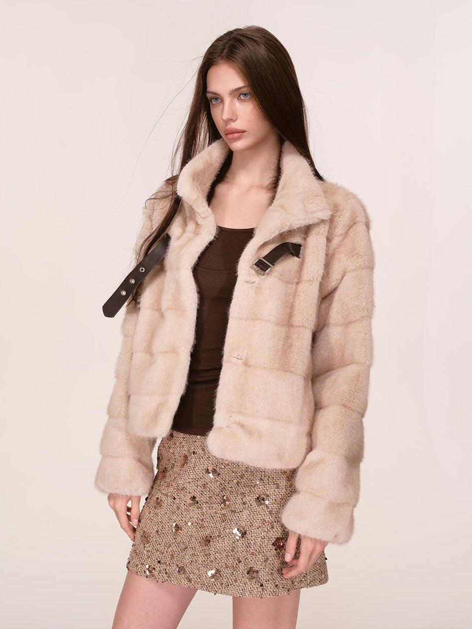 ViaPitti Vintage Vegan Mink Faux Fur Stand Collar Women's Polyester Short Coats