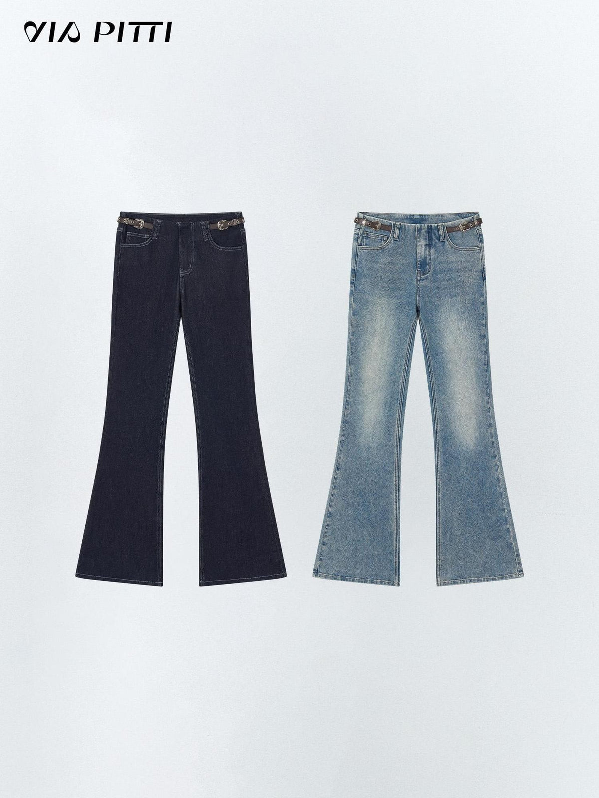 ViaPitti Vintage Wash Color Block Adjustable Leather Tab Women's Cotton Flare Jeans