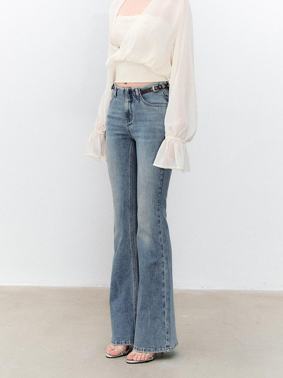 ViaPitti Vintage Wash Color Block Adjustable Leather Tab Women's Cotton Flare Jeans