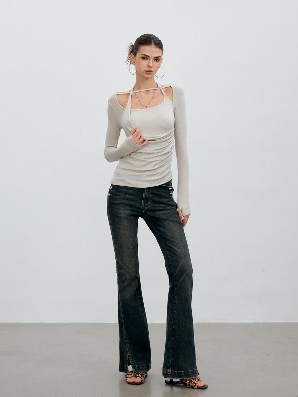 ViaPitti Vintage Wash Heart Button Slit Women's Cotton Flare Jeans