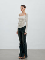 ViaPitti Vintage Wash Heart Button Slit Women's Cotton Flare Jeans
