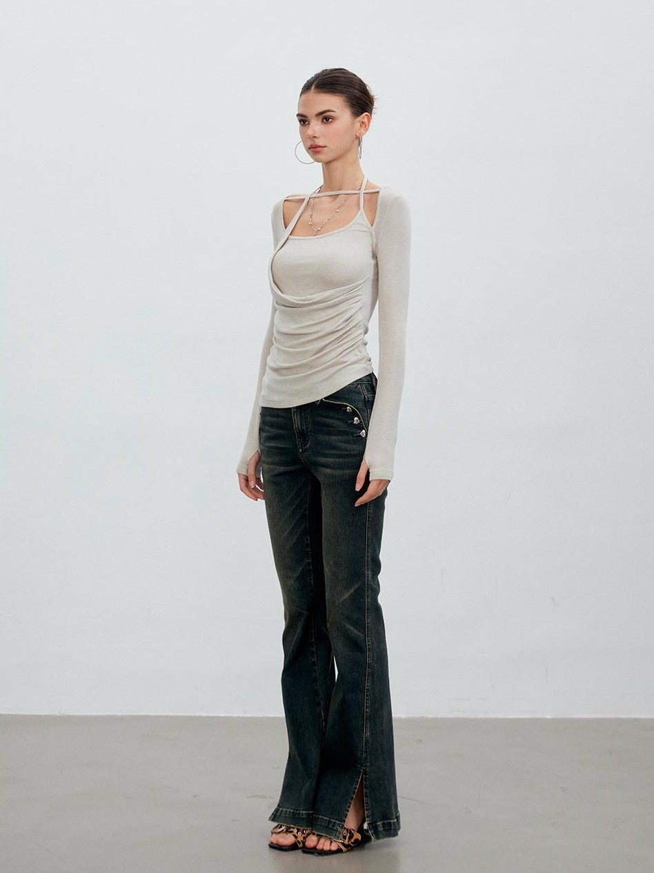 ViaPitti Vintage Wash Heart Button Slit Women's Cotton Flare Jeans