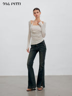 ViaPitti Vintage Wash Heart Button Slit Women's Cotton Flare Jeans