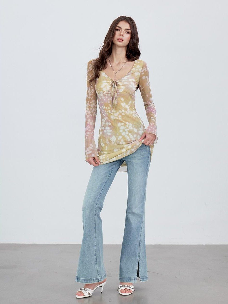 ViaPitti Vintage Wash Heart Button Slit Women's Cotton Flare Jeans