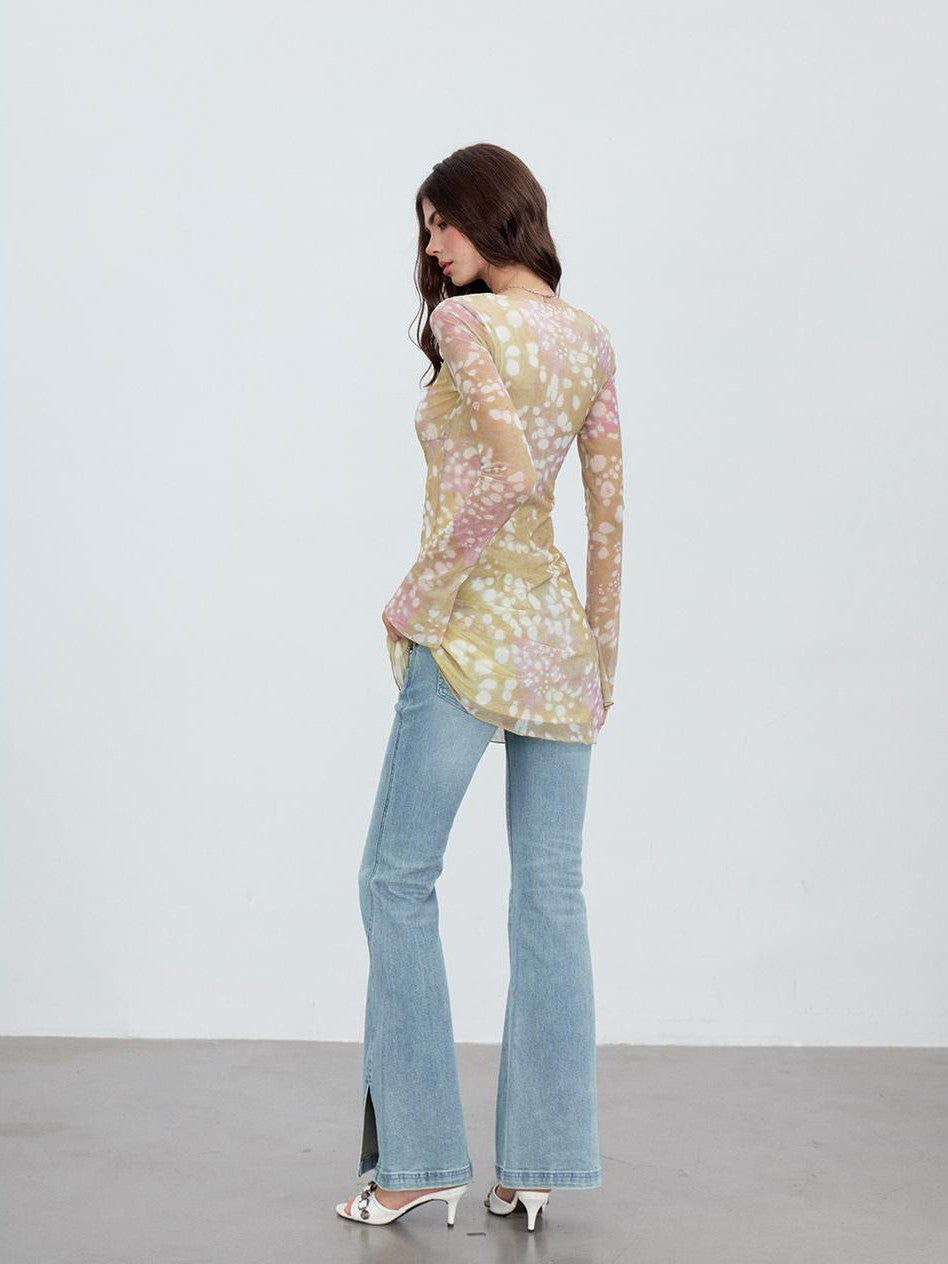 ViaPitti Vintage Wash Heart Button Slit Women's Cotton Flare Jeans
