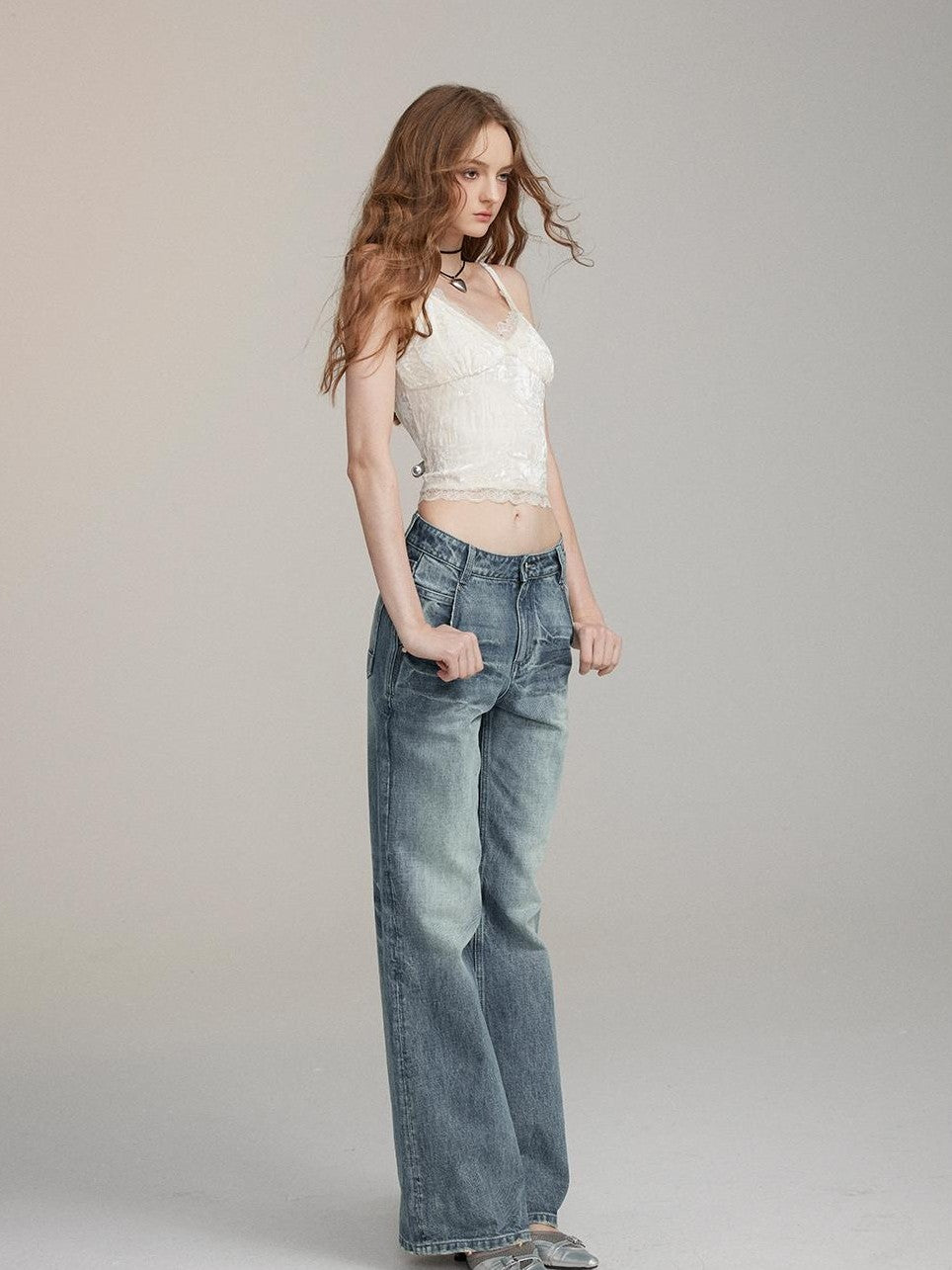 ViaPitti Washed Distressed Loose Fit Women's Cotton Straight Jeans