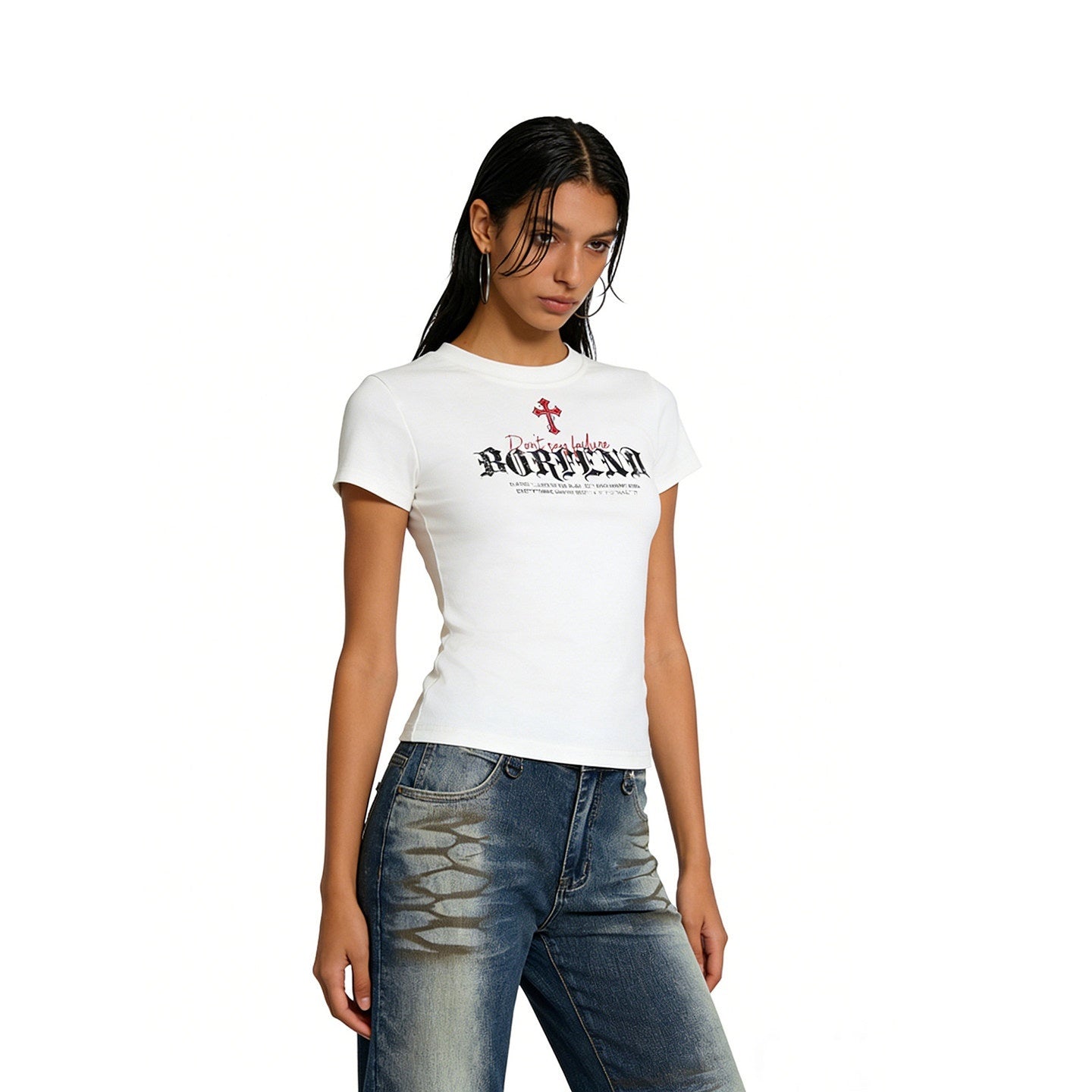 XPKAEAX American Gothic Letter Print Slim Crop Women's Short Sleeve T-shirts 1038465038503