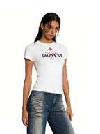 XPKAEAX American Gothic Letter Print Slim Crop Women's Short Sleeve T-shirts