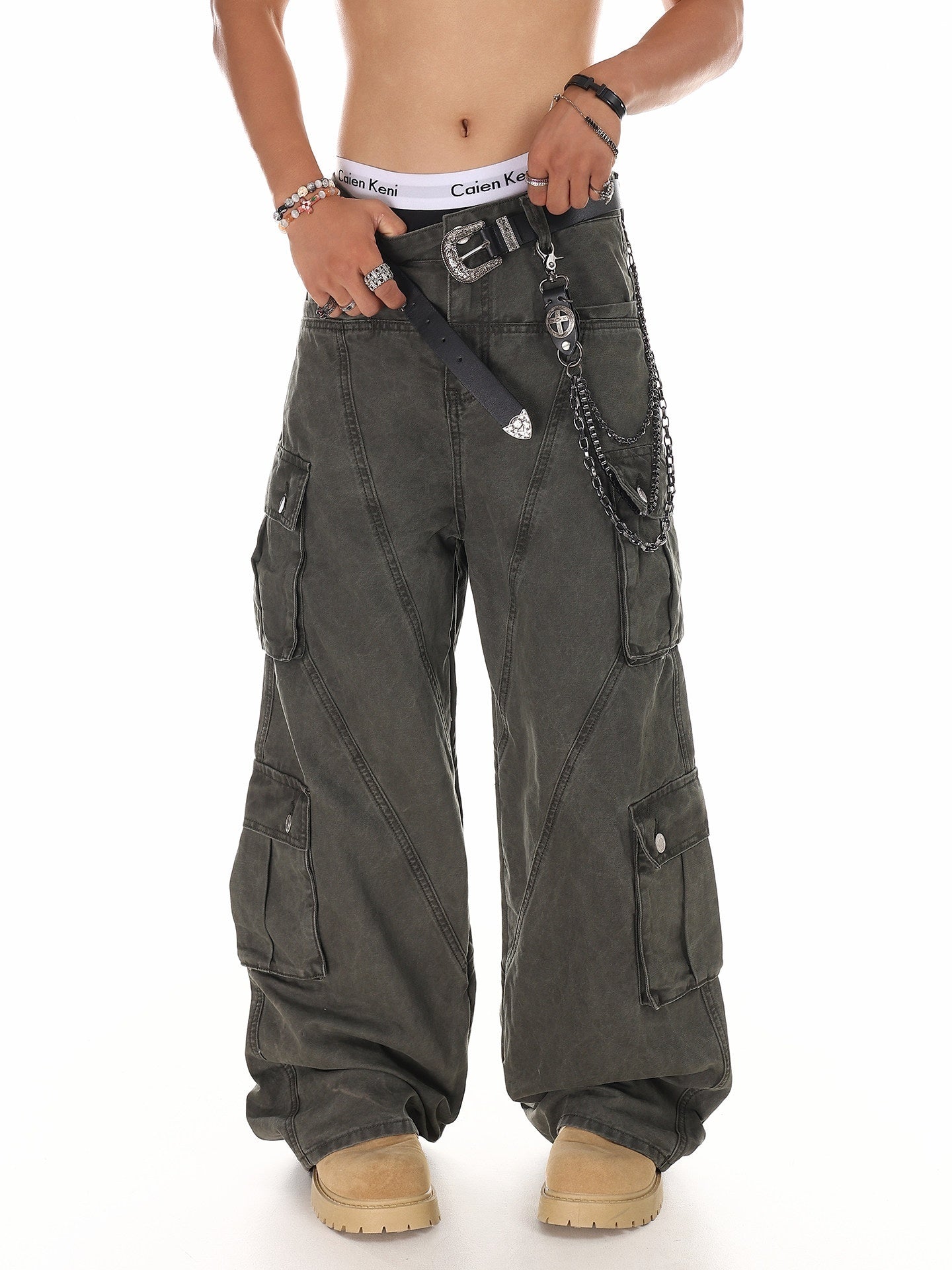 XPKAEAX American High Street Multi Pocket Cargo Loose Fit Women's Wide-leg Pants 951732187441