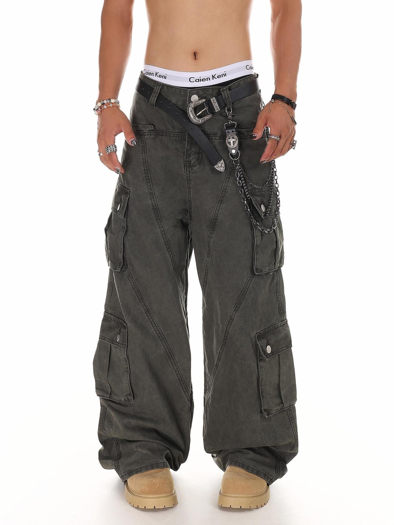 XPKAEAX American High Street Multi Pocket Cargo Loose Fit Women's Wide-leg Pants