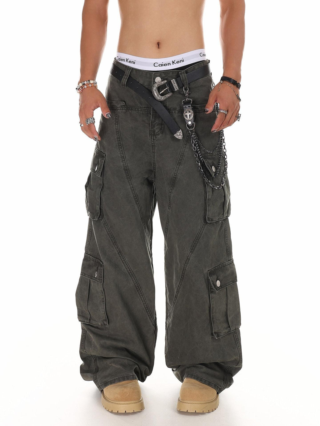XPKAEAX American High Street Multi Pocket Cargo Loose Fit Women's Wide-leg Pants