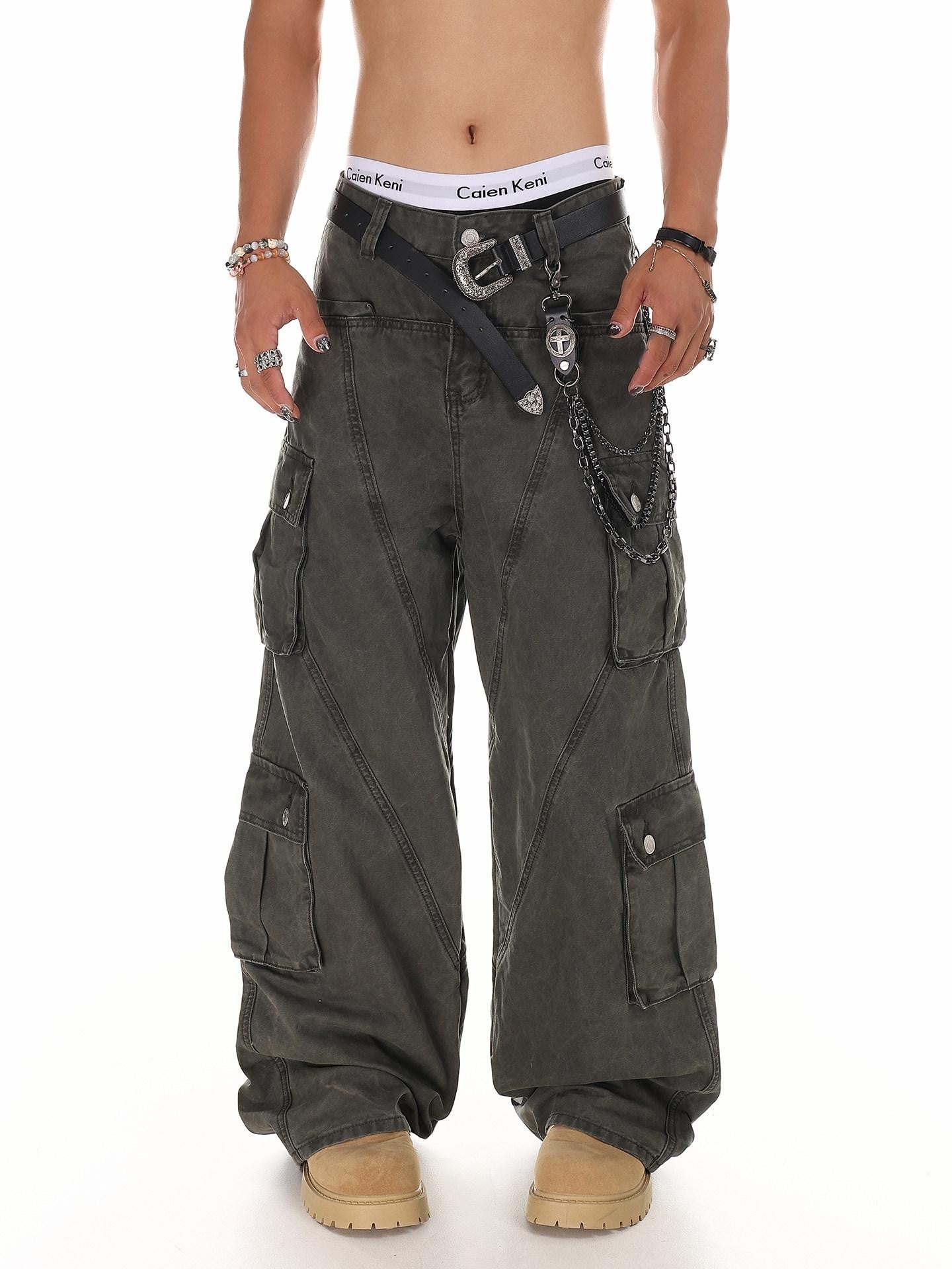 XPKAEAX American High Street Multi Pocket Cargo Loose Fit Women's Wide-leg Pants