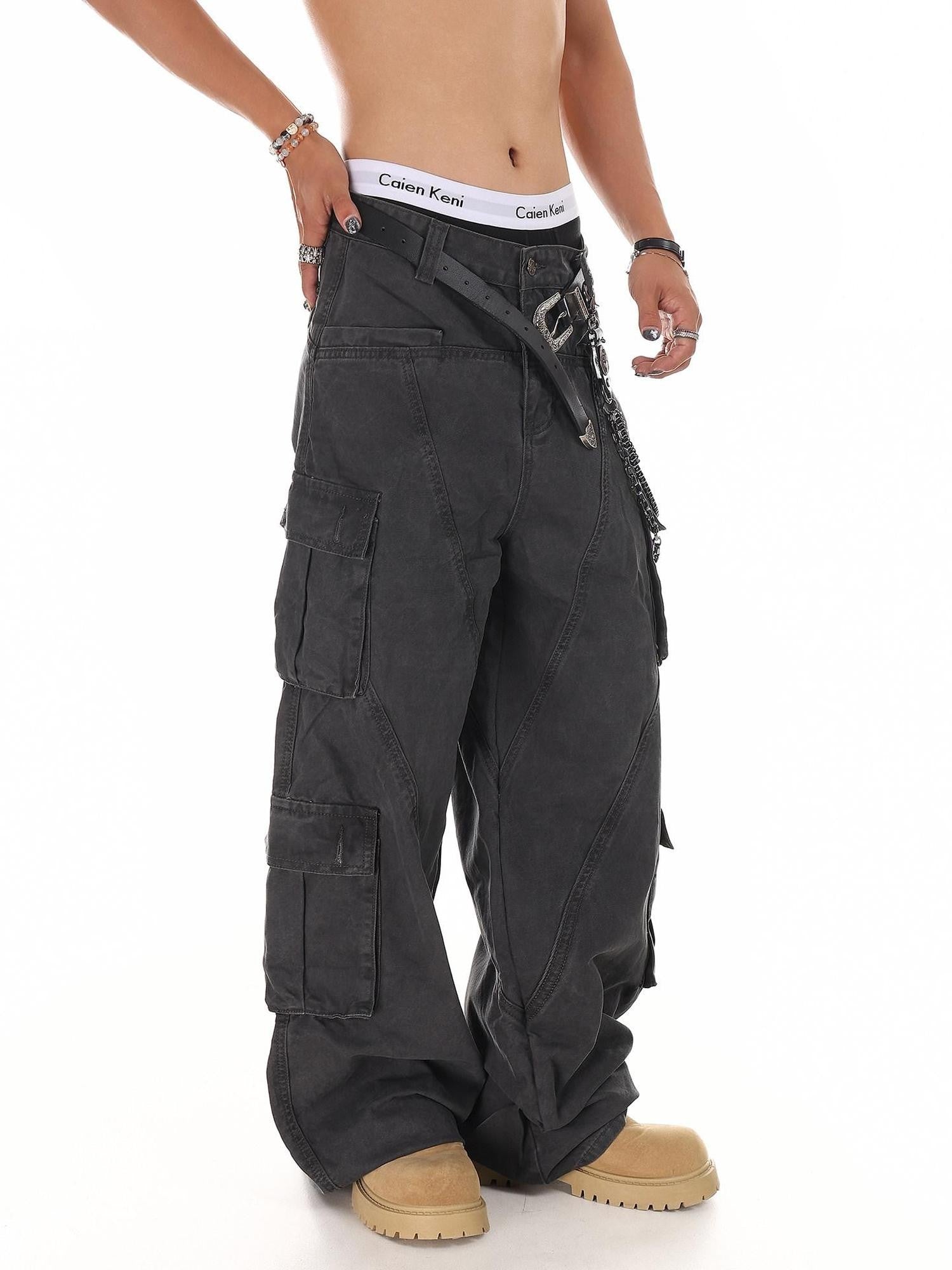 XPKAEAX American High Street Multi Pocket Cargo Loose Fit Women's Wide-leg Pants