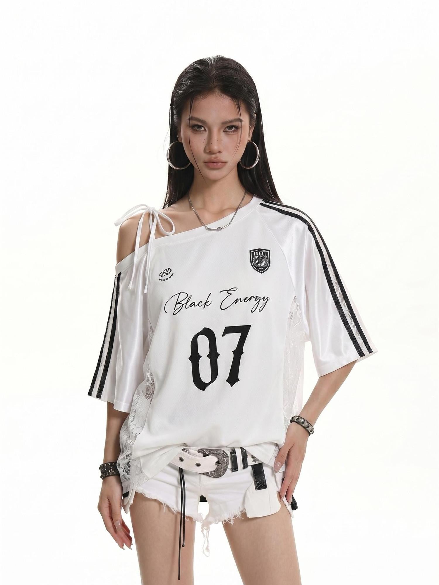 XPKAEAX American Lace Print Jersey Asymmetric Tie Striped Women's Short Sleeve T-shirts