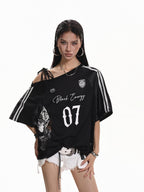XPKAEAX American Lace Print Jersey Asymmetric Tie Striped Women's Short Sleeve T-shirts