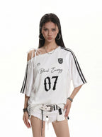 XPKAEAX American Lace Print Jersey Asymmetric Tie Striped Women's Short Sleeve T-shirts