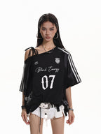 XPKAEAX American Lace Print Jersey Asymmetric Tie Striped Women's Short Sleeve T-shirts