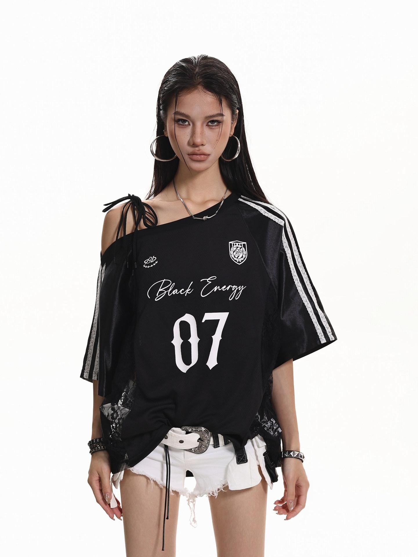 XPKAEAX American Lace Print Jersey Asymmetric Tie Striped Women's Short Sleeve T-shirts