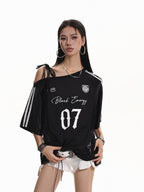 XPKAEAX American Lace Print Jersey Asymmetric Tie Striped Women's Short Sleeve T-shirts