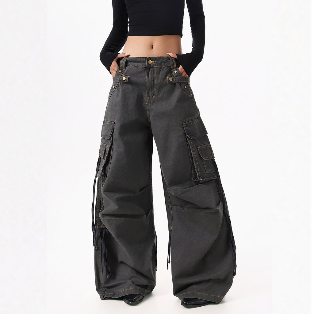 XPKAEAX American Street Vintage Structured Pocket Utility Women's Denim Wide-leg Jeans 1000993563403