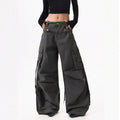 XPKAEAX American Street Vintage Structured Pocket Utility Women's Denim Wide-leg Jeans 1000993563403