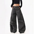XPKAEAX American Street Vintage Structured Pocket Utility Women's Denim Wide-leg Jeans 1000993563403