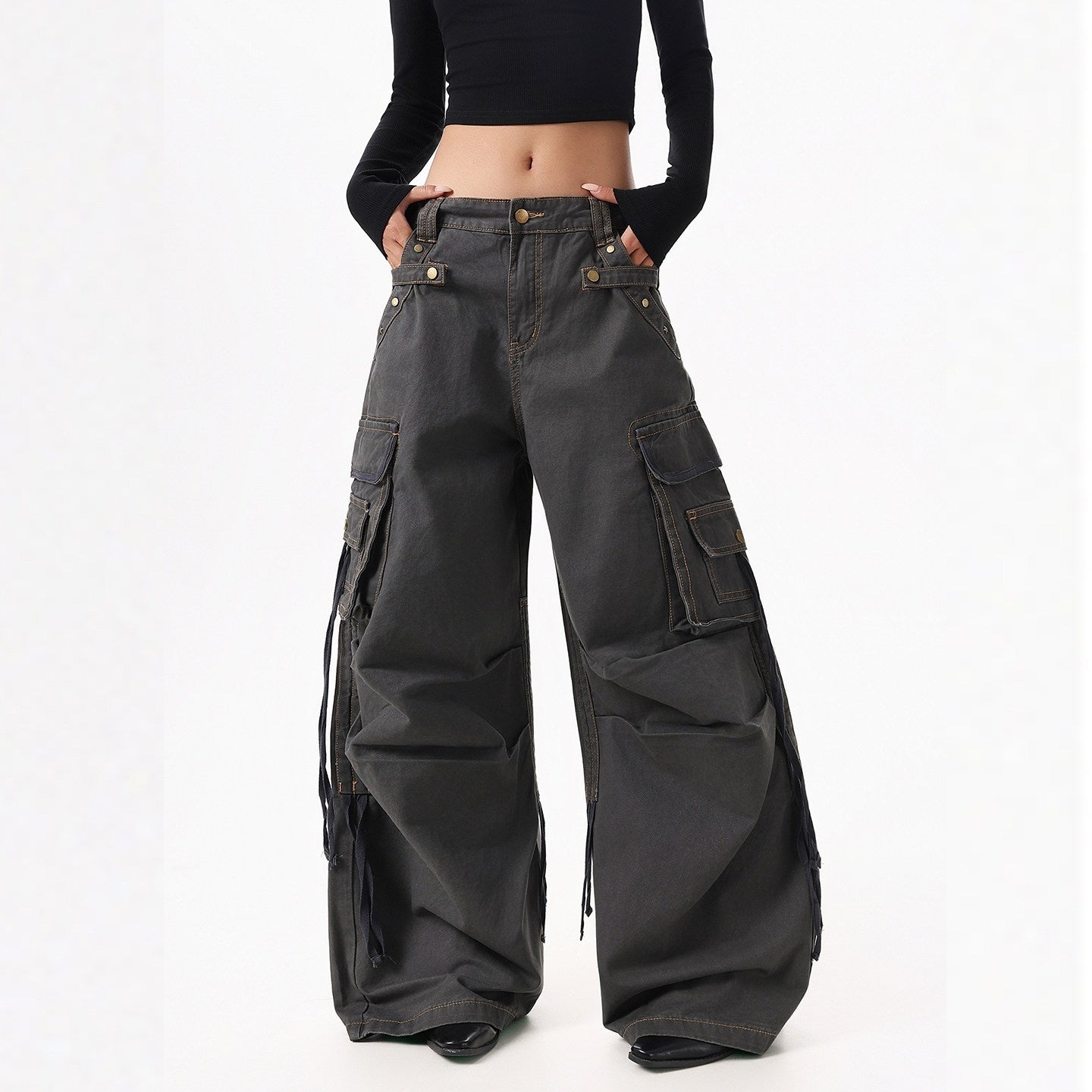 XPKAEAX American Street Vintage Structured Pocket Utility Women's Denim Wide-leg Jeans 1000993563403