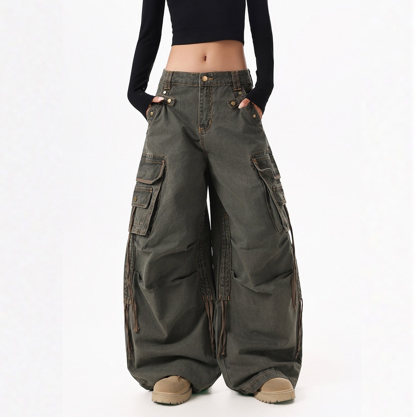 XPKAEAX American Street Vintage Structured Pocket Utility Women's Denim Wide-leg Jeans 1000993563403