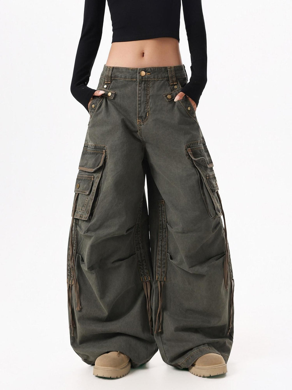 XPKAEAX American Street Vintage Structured Pocket Utility Women's Denim Wide-leg Jeans