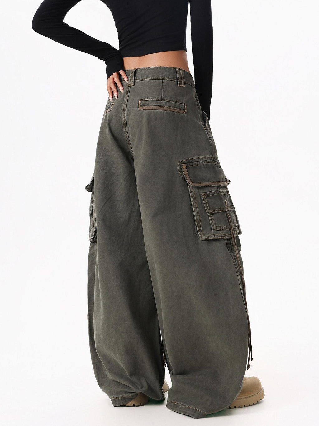 XPKAEAX American Street Vintage Structured Pocket Utility Women's Denim Wide-leg Jeans