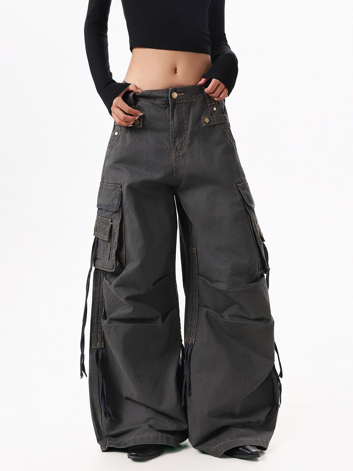 XPKAEAX American Street Vintage Structured Pocket Utility Women's Denim Wide-leg Jeans