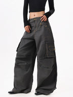 XPKAEAX American Street Vintage Structured Pocket Utility Women's Denim Wide-leg Jeans