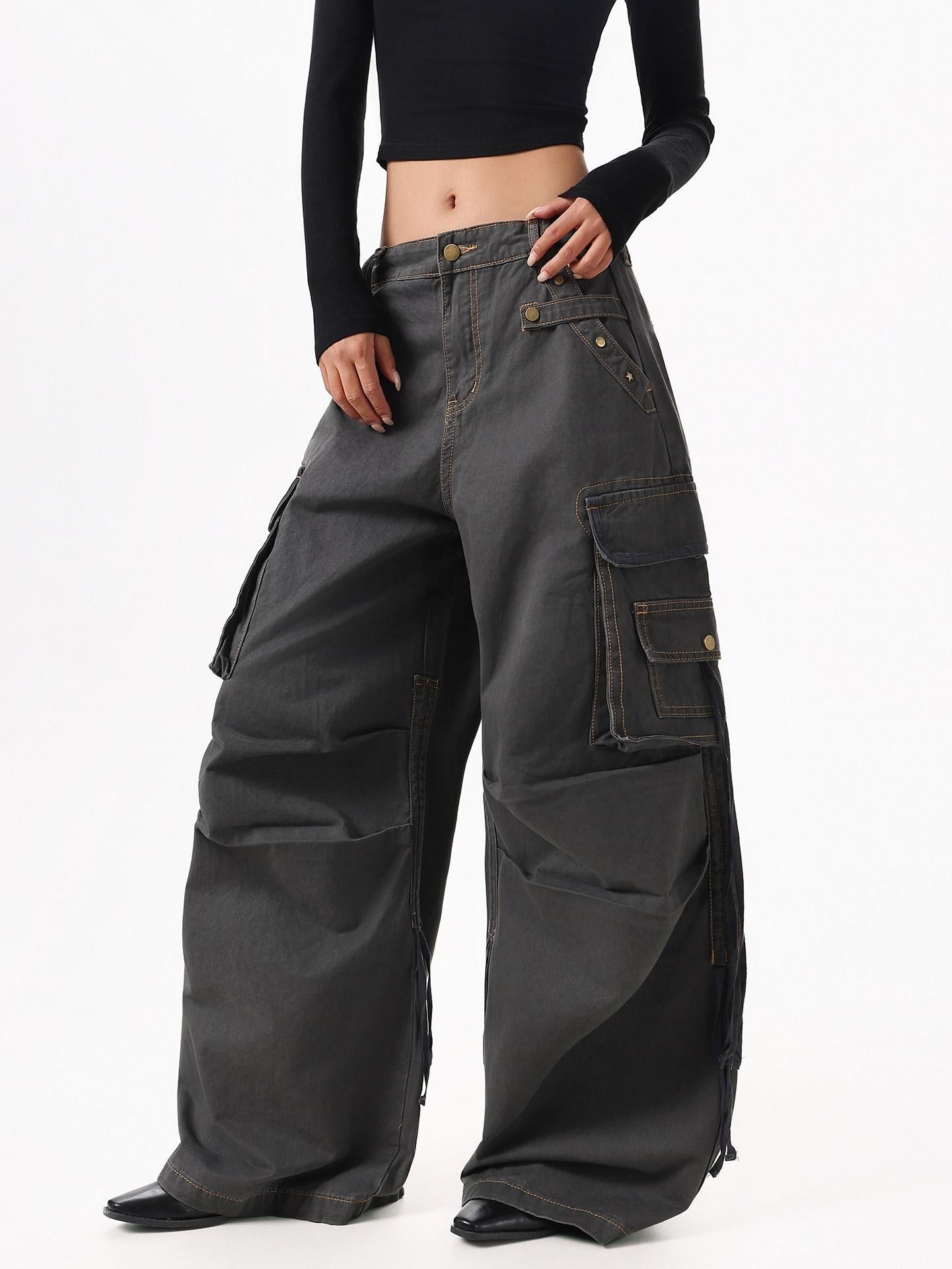 XPKAEAX American Street Vintage Structured Pocket Utility Women's Denim Wide-leg Jeans