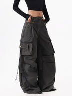 XPKAEAX American Street Vintage Structured Pocket Utility Women's Denim Wide-leg Jeans