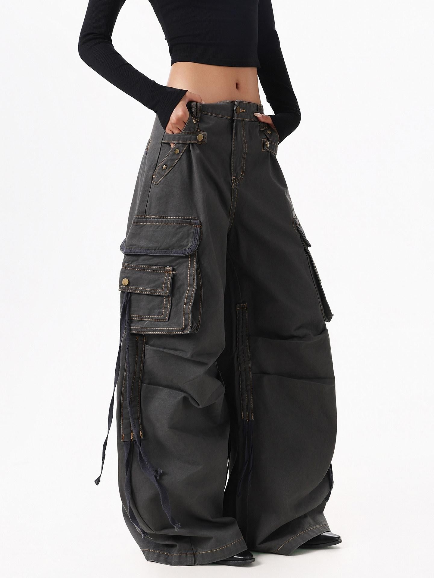XPKAEAX American Street Vintage Structured Pocket Utility Women's Denim Wide-leg Jeans