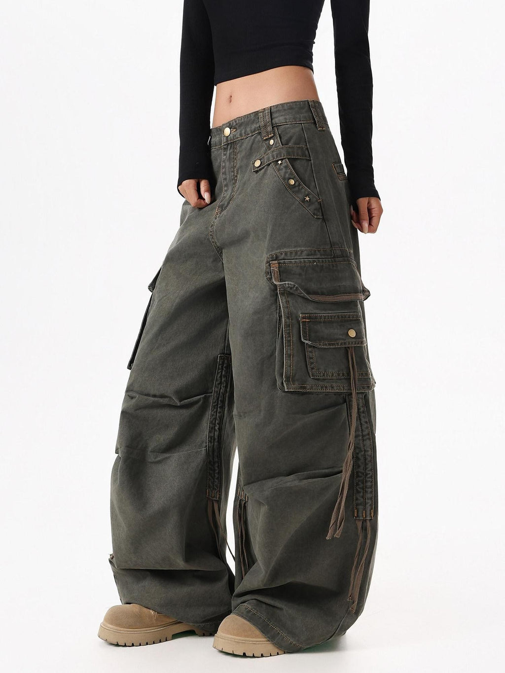 XPKAEAX American Street Vintage Structured Pocket Utility Women's Denim Wide-leg Jeans