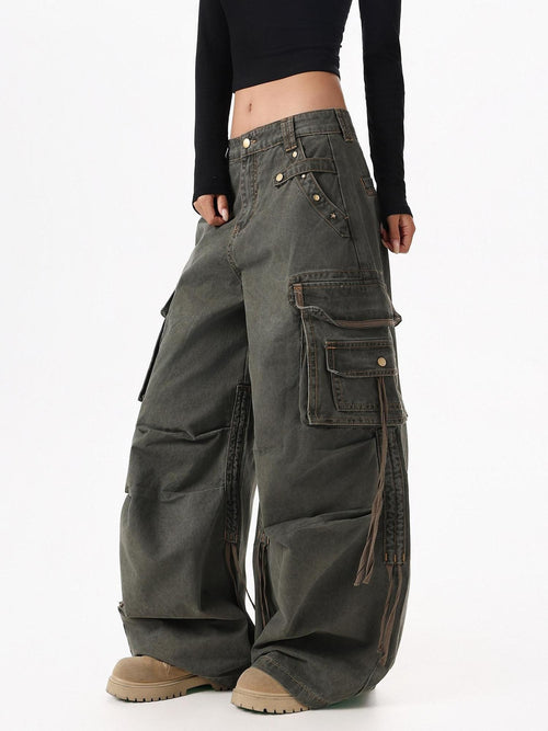 XPKAEAX American Street Vintage Structured Pocket Utility Women's Denim Wide-leg Jeans