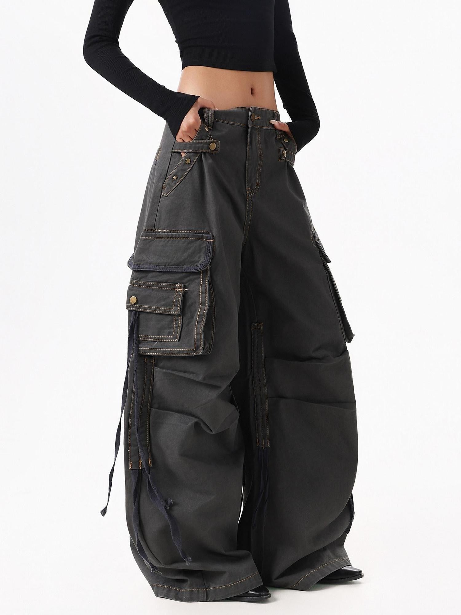 XPKAEAX American Street Vintage Structured Pocket Utility Women's Denim Wide-leg Jeans