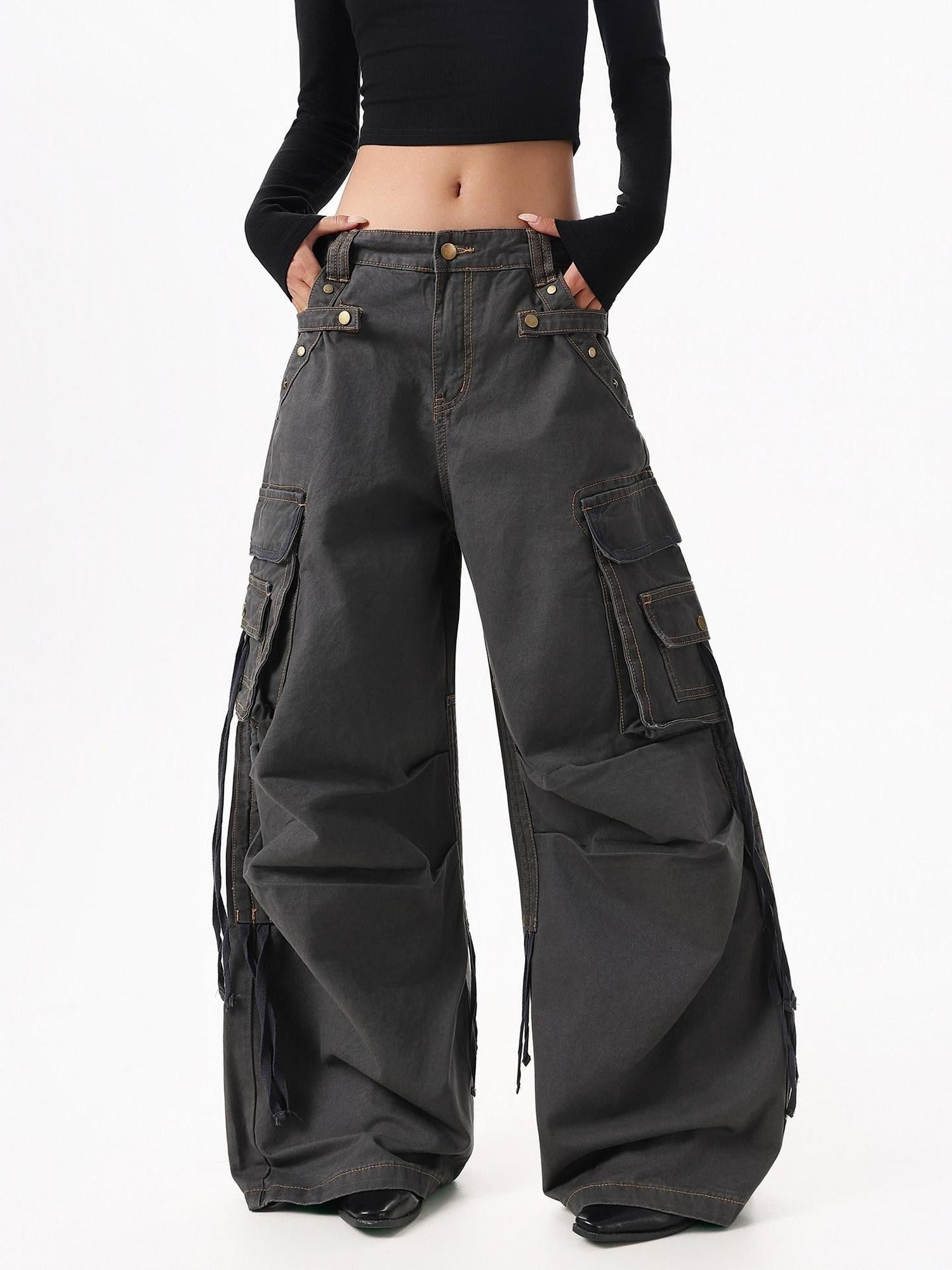 XPKAEAX American Street Vintage Structured Pocket Utility Women's Denim Wide-leg Jeans