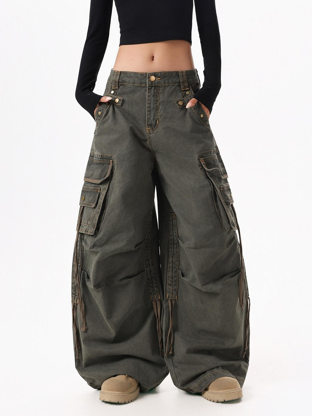 XPKAEAX American Street Vintage Structured Pocket Utility Women's Denim Wide-leg Jeans