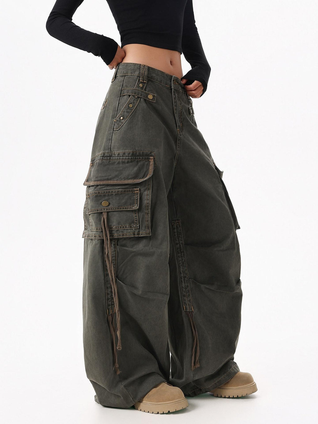 XPKAEAX American Street Vintage Structured Pocket Utility Women's Denim Wide-leg Jeans