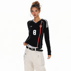 XPKAEAX American Vintage Printed V-neck Slim Fit Women's Jersey Long Sleeve T-shirts 970629360990