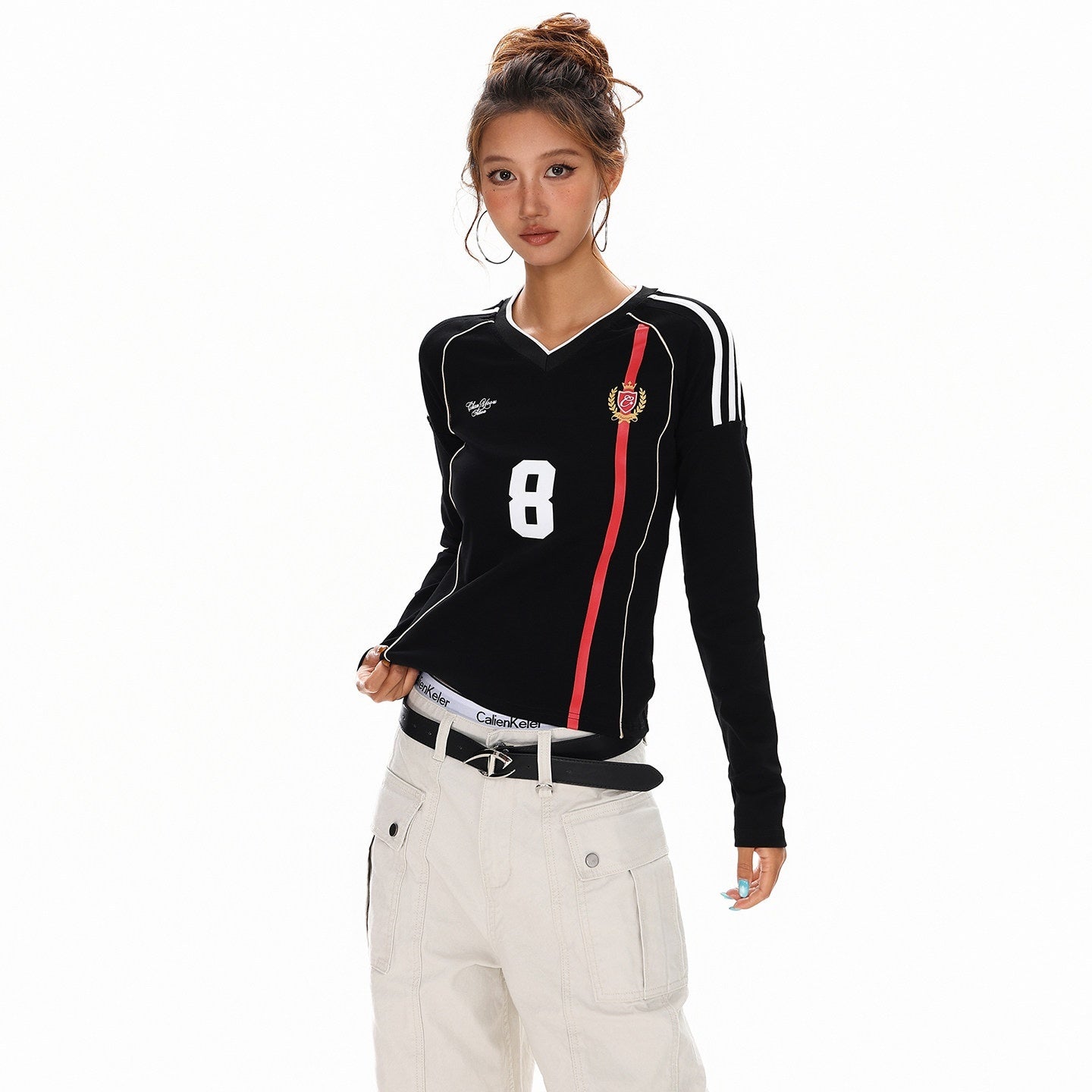 XPKAEAX American Vintage Printed V-neck Slim Fit Women's Jersey Long Sleeve T-shirts 970629360990