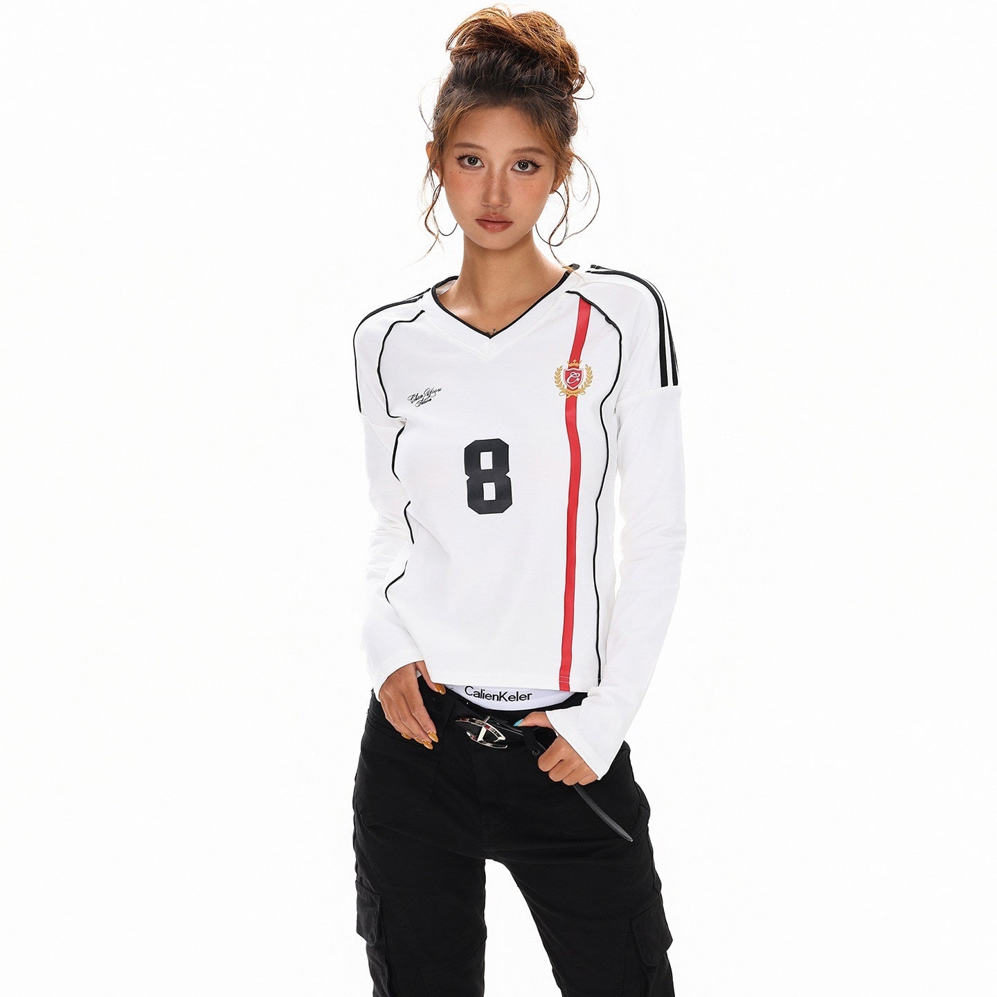 XPKAEAX American Vintage Printed V-neck Slim Fit Women's Jersey Long Sleeve T-shirts 970629360990