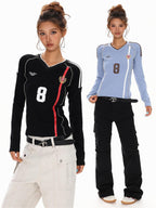 XPKAEAX American Vintage Printed V-neck Slim Fit Women's Jersey Long Sleeve T-shirts