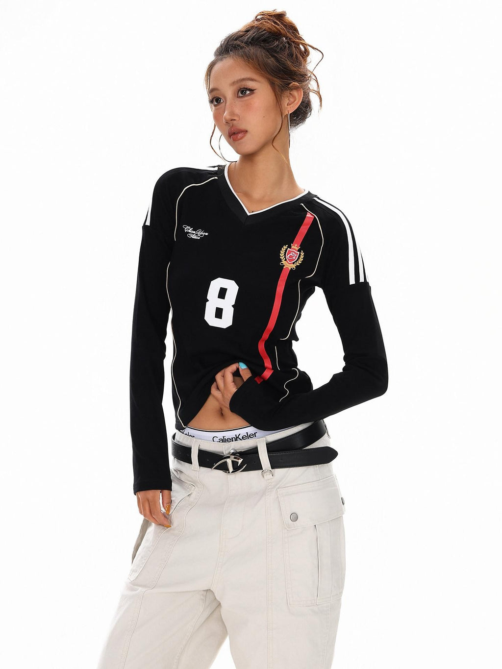 XPKAEAX American Vintage Printed V-neck Slim Fit Women's Jersey Long Sleeve T-shirts