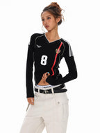 XPKAEAX American Vintage Printed V-neck Slim Fit Women's Jersey Long Sleeve T-shirts